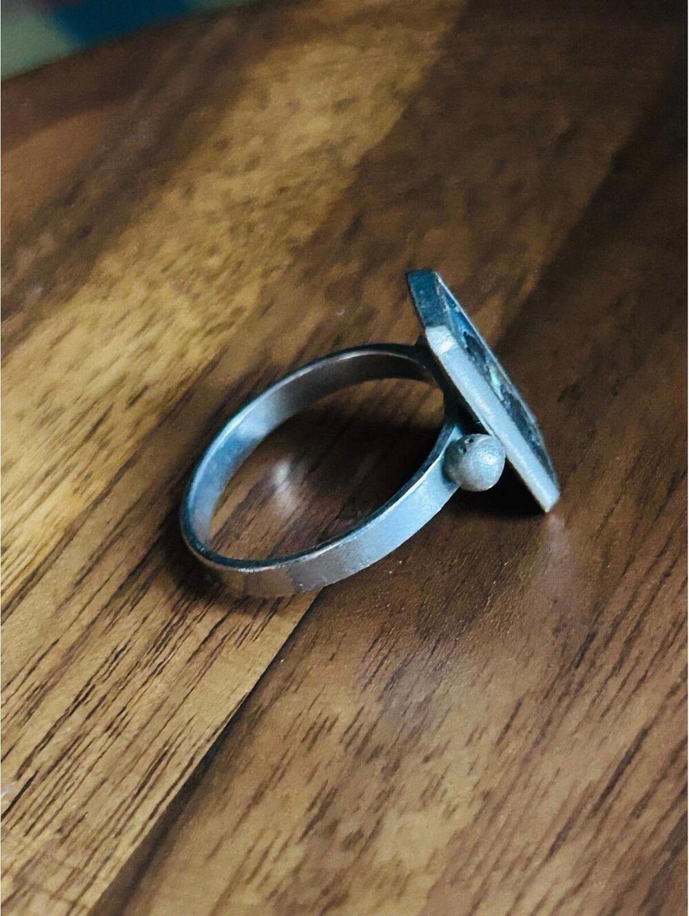 Vintage Abalone Shell Ring Rectangular Inlay Silver Tone Size 6.5 - Picture 4 of 5